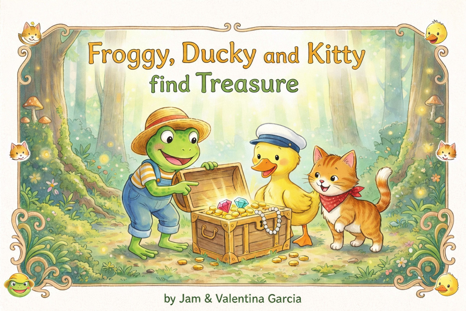 Landscape cover of Froggy, Ducky and Kitty find Treasure by Jam and Valentina Garcia, showing three friends discovering a treasure chest in a forest.