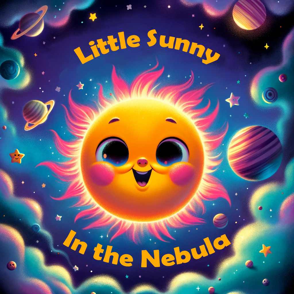 Square cover of Little Sunny in the Nebula, showing a smiling sun with pink rays among colorful planets and stars.