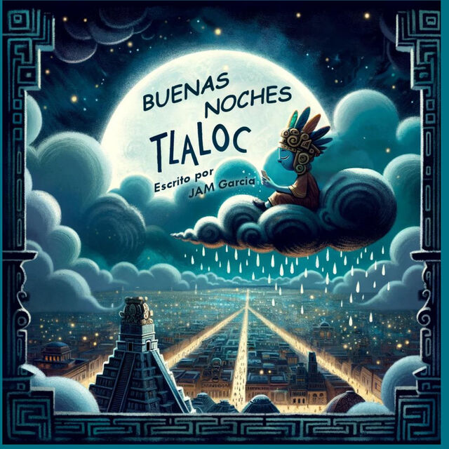 Portada de Buenas Noches Tlaloc, con Tláloc sobre las nubes bajo un cielo nocturno estrellado.