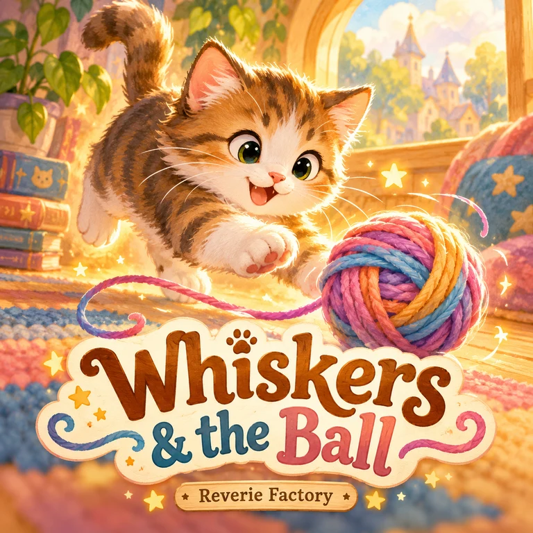Whiskers & the Ball game cover: a playful kitten chases a colorful yarn ball.